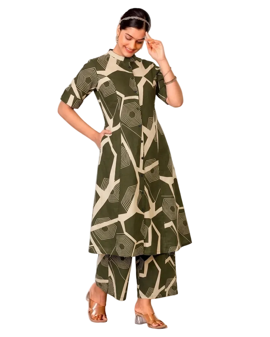 Vyanika Green A-Line Cotton Kurta Set for women
