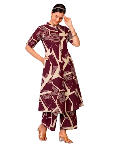 Ishvika Wine A-Line Cotton Kurta Set for women