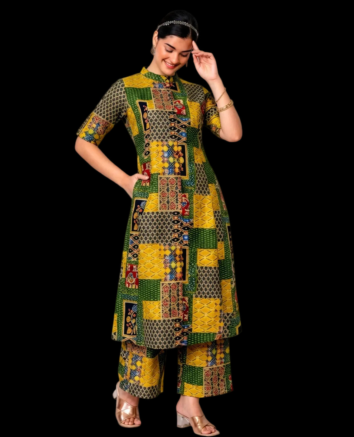 Ahalya Green Multicolour A-Line Cotton Kurta Set for women
