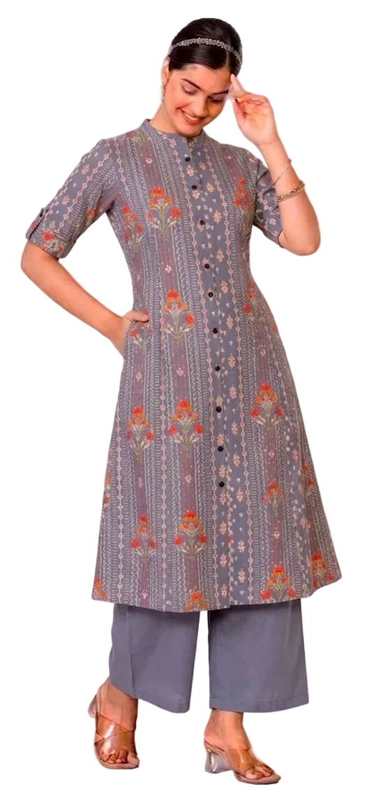 Vamika Grey A-Line Cotton Kurta Set for women