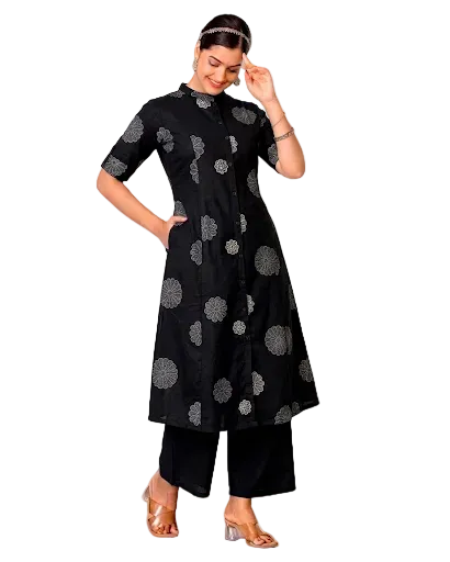 Kavya Black A-Line Cotton Kurta Set for women