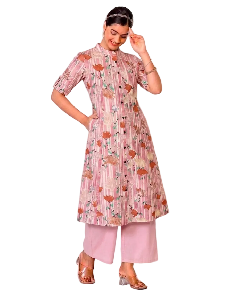 Aarna Light Pink A-Line Cotton Kurta Set for women