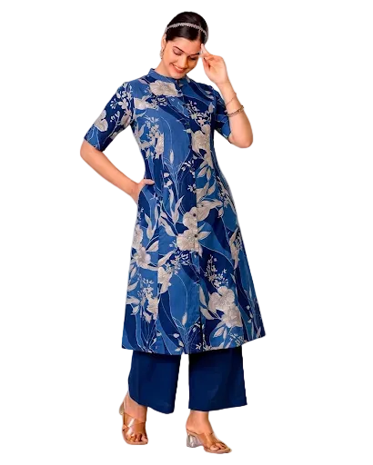 Aaravya Navy Blue A-Line Cotton Kurta Set for women
