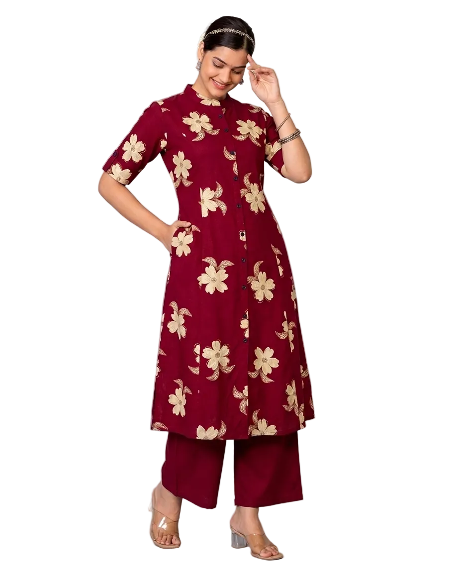 Ruhani Dark Red A-Line Cotton Kurta Set for women