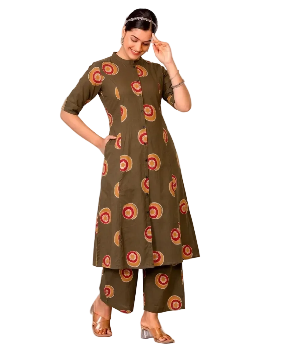 Vedanshi Mehndi Green A-Line Cotton Kurta Set for women