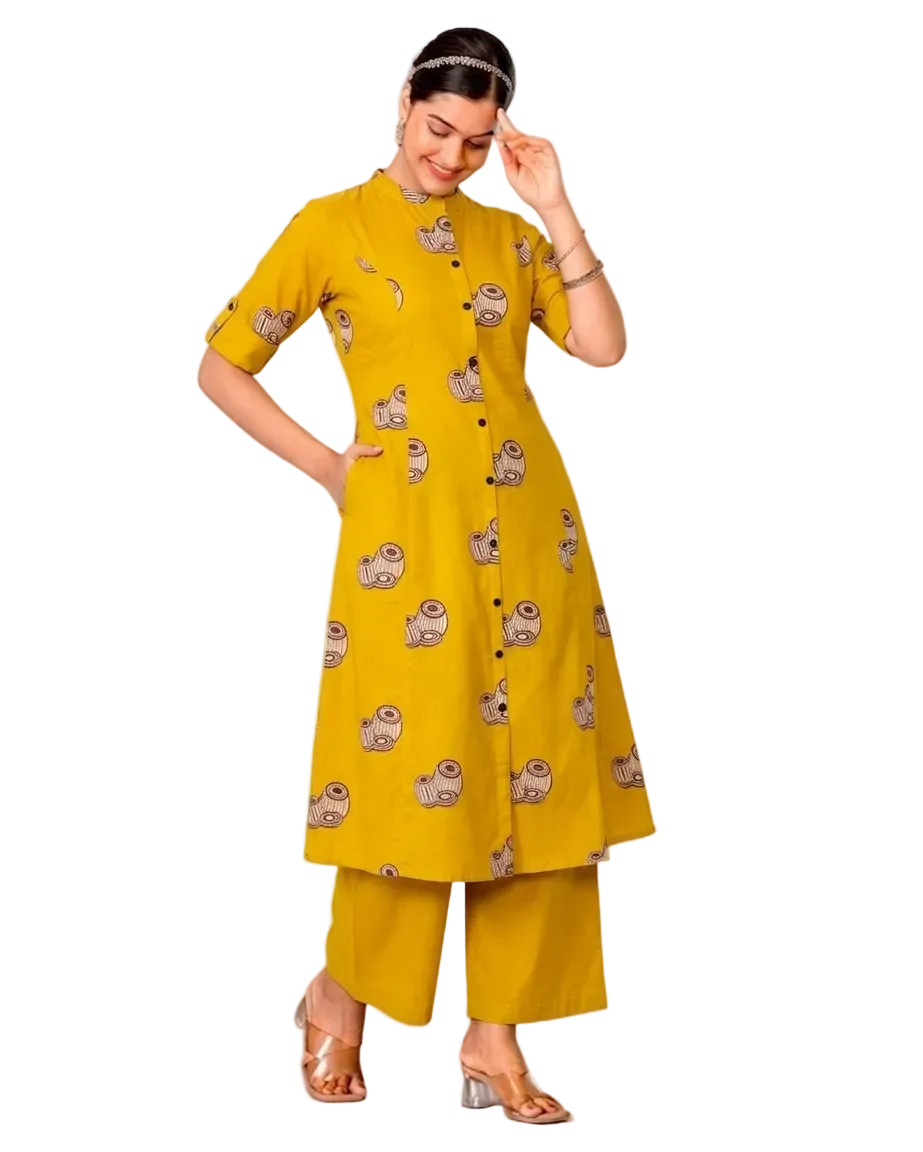 Aarini Yellow A-Line Cotton Kurta Set for women