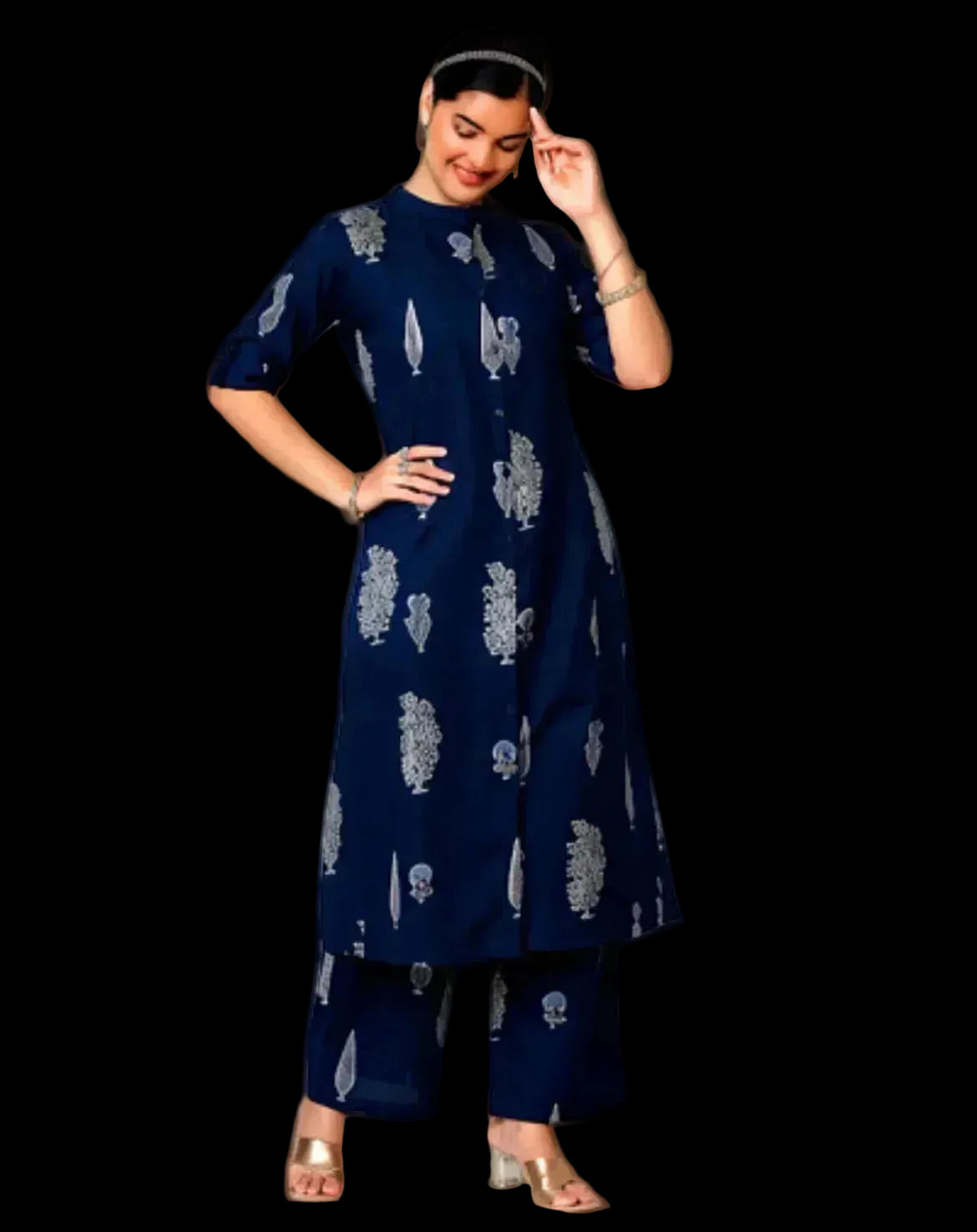 Anvaya Dark Blue A-Line Cotton Kurta Set for women