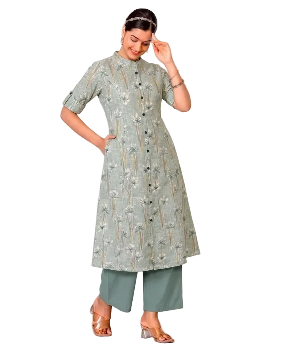 Avyukta Light Green A-Line Cotton Kurta Set for women