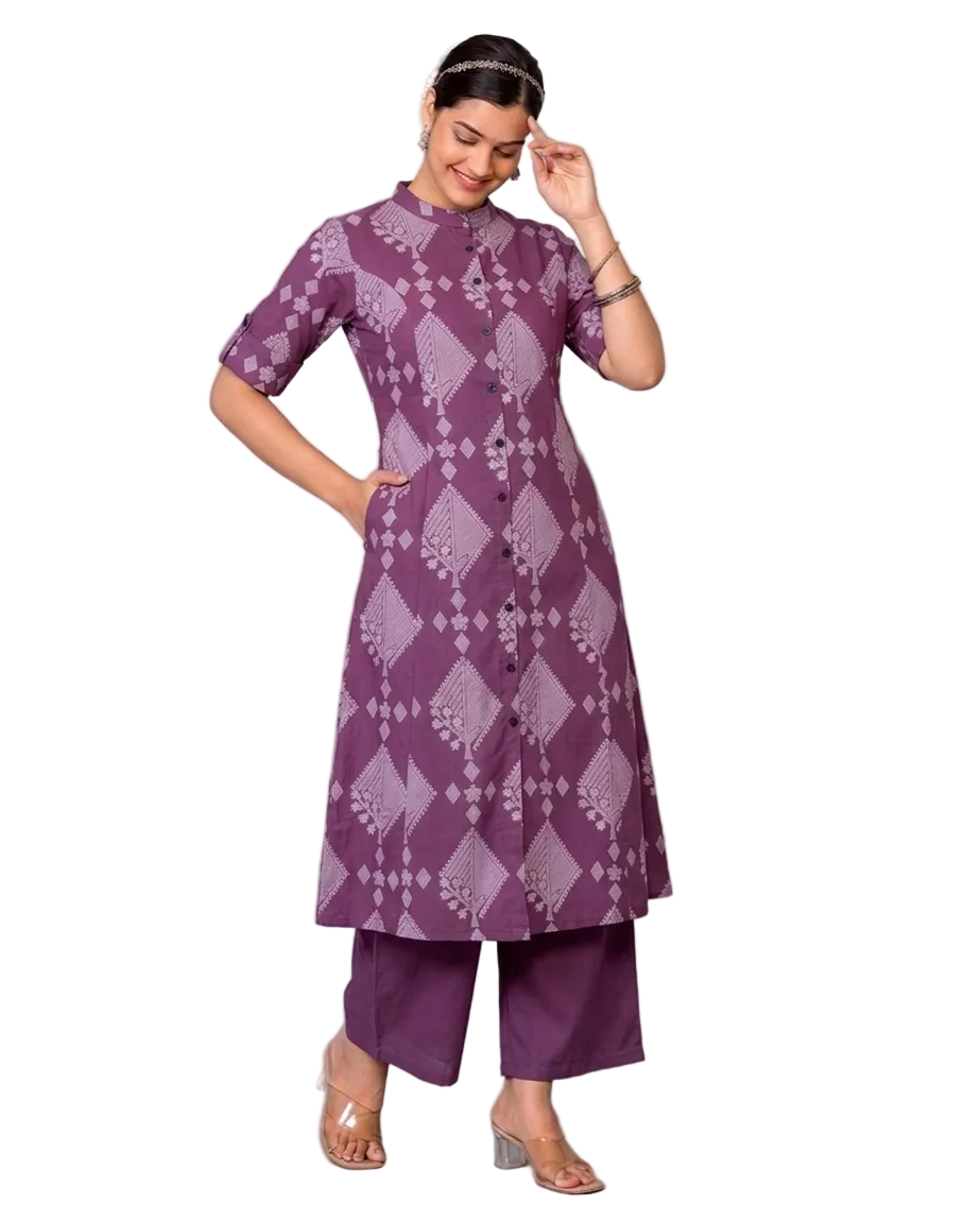 Aadhira Deep Mauve A-Line Cotton Kurta Set for women