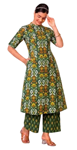 Iraja Green Multicolour A-Line Cotton Kurta Set for women