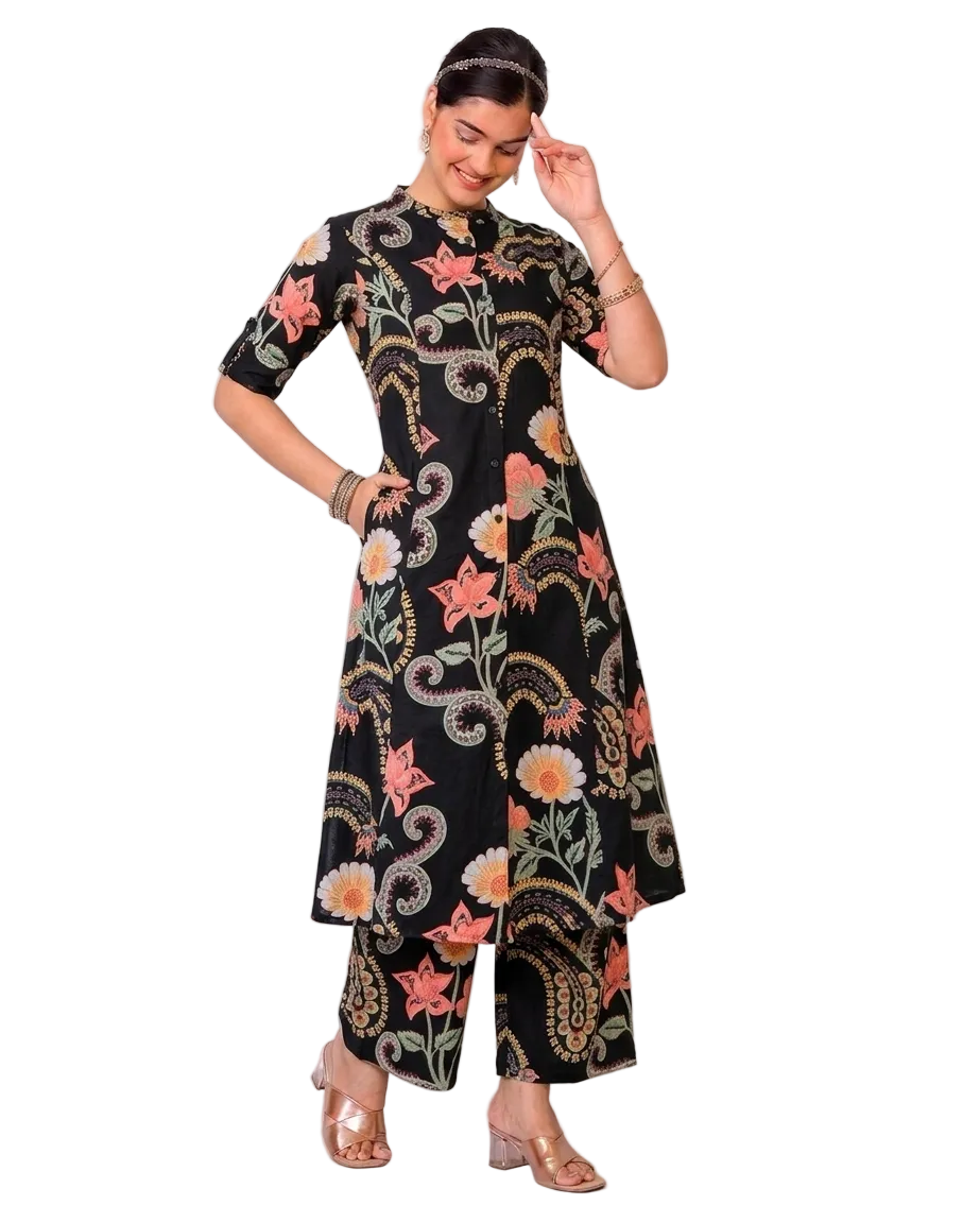 Navya Black A-Line Cotton Kurta Set for women