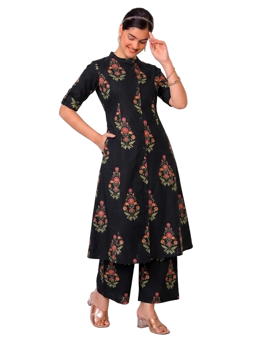 Ishani Black A-Line Cotton Kurta Set for women