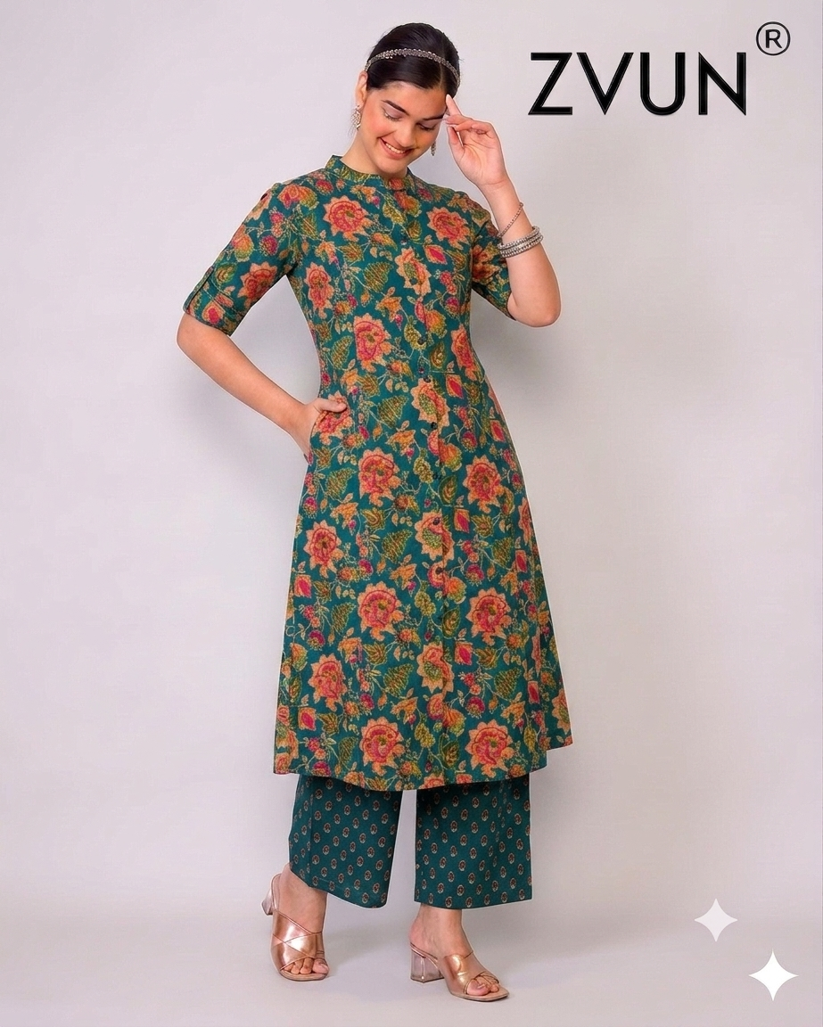 ZVUN dark Green A-Line Cotton kurta Set