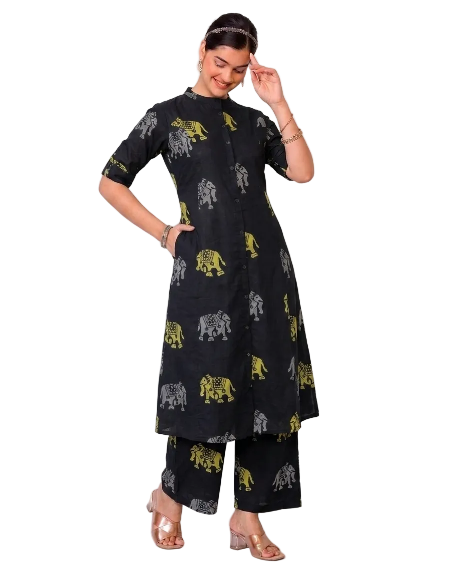 Vihana Black A-Line Cotton Kurta Set for women