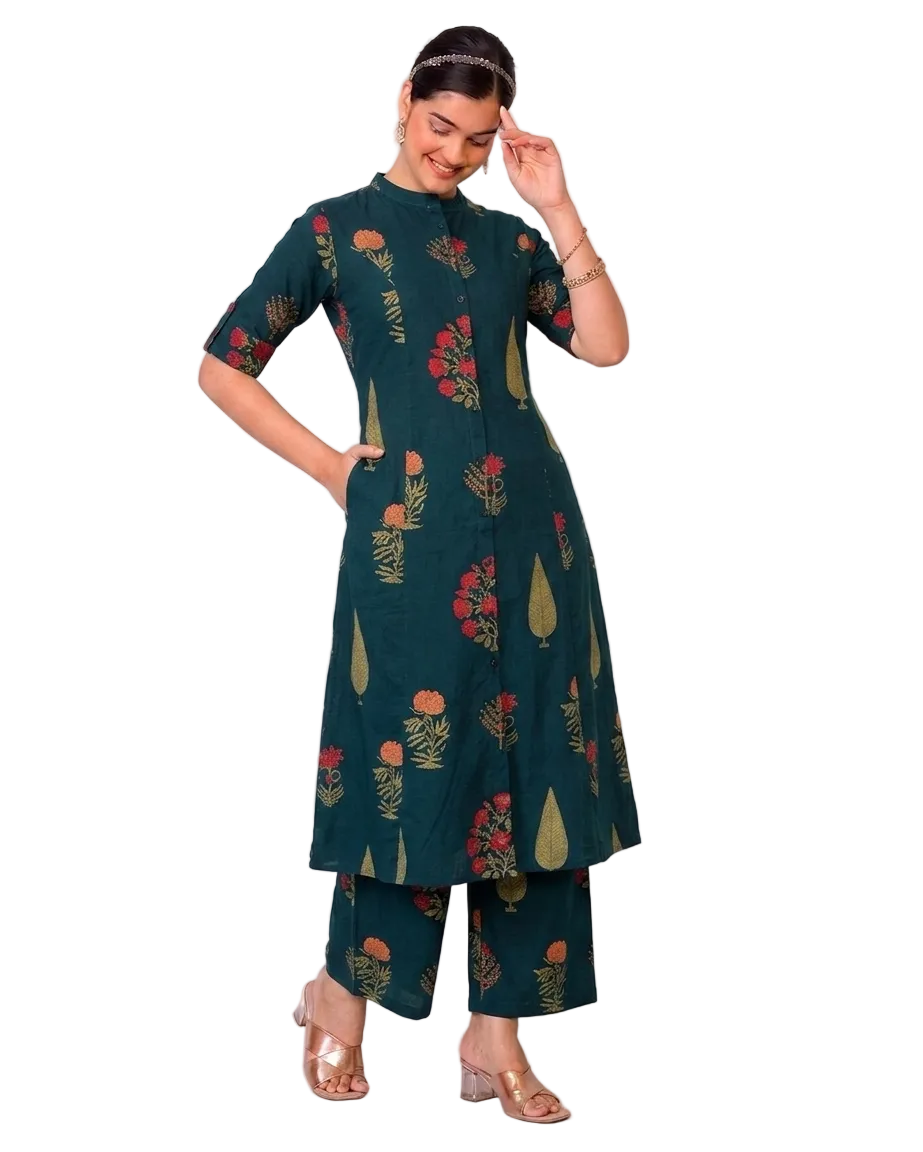 Veda Dark Green A-Line Cotton Kurta Set for women
