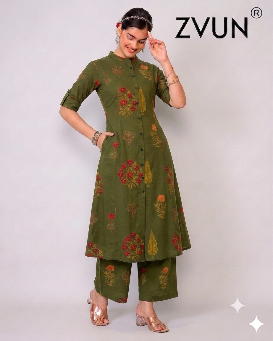 ZVUN Green A-Line Cotton kurta Set