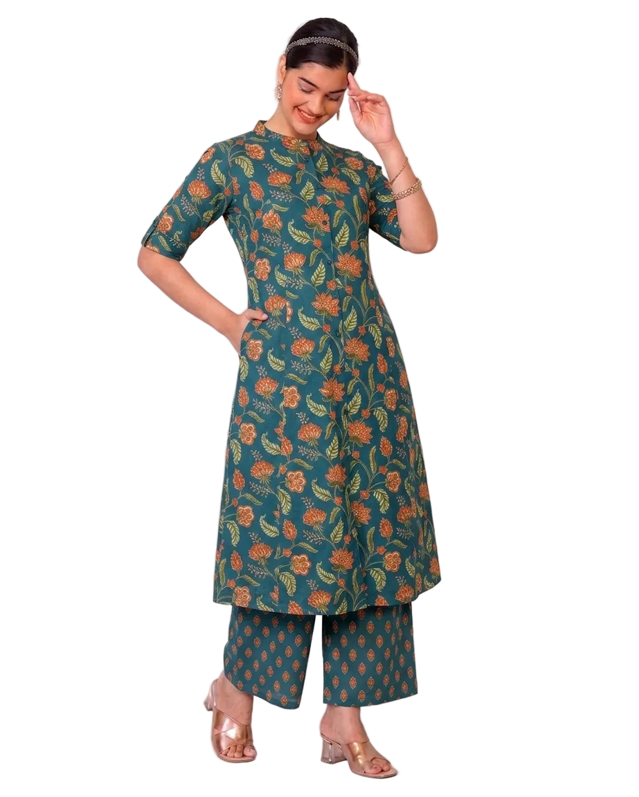 Vanya Teal Green A-Line Cotton Kurta Set for women