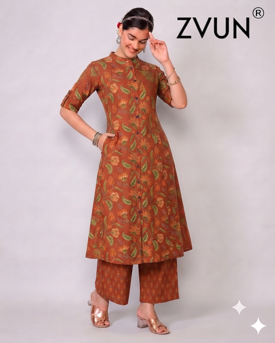 ZVUN orange A-Line Cotton kurta Set