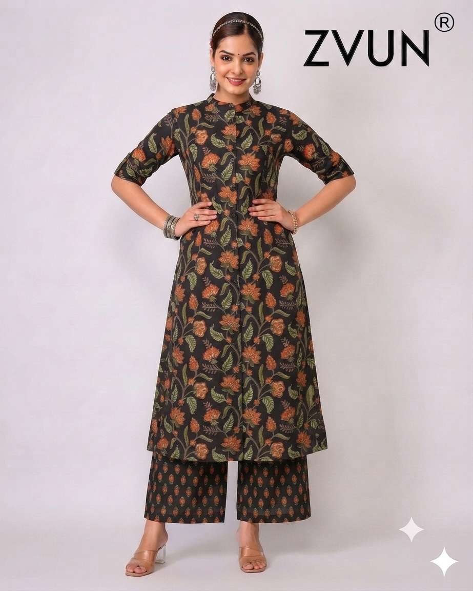 ZVUN black A-Line Cotton kurta Set