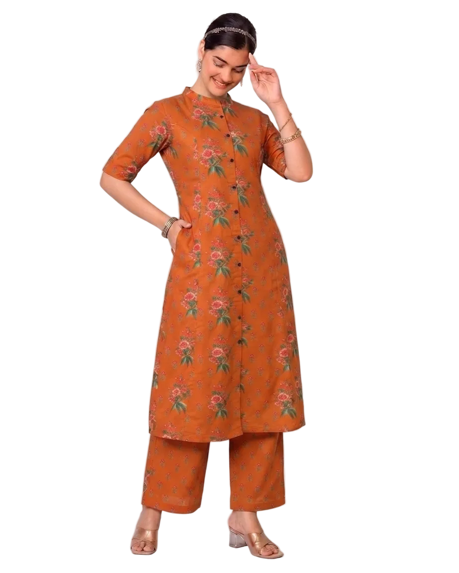 Tvesha Orange A-Line Cotton Kurta Set for women