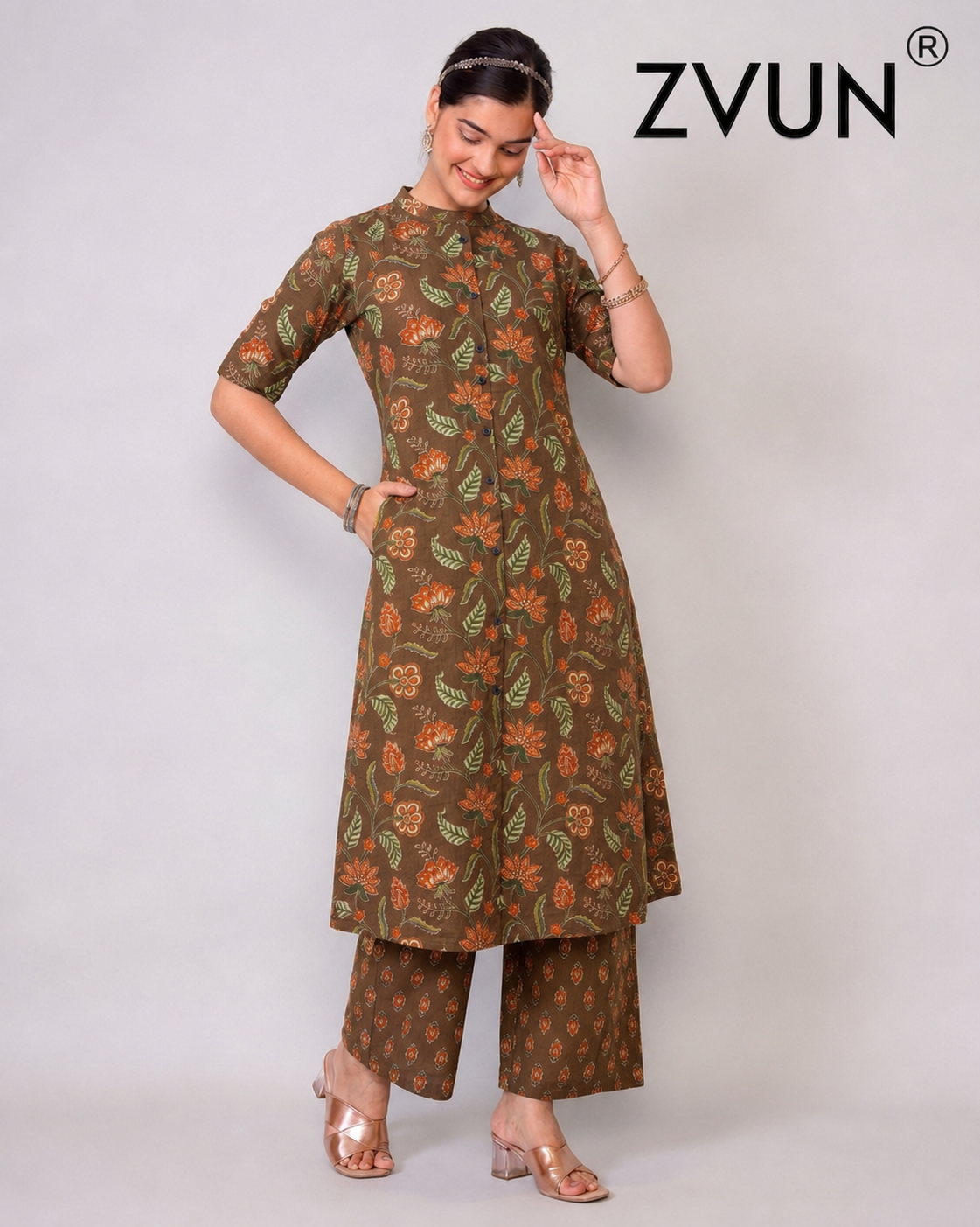 ZVUN Brown A-Line Cotton kurta Set