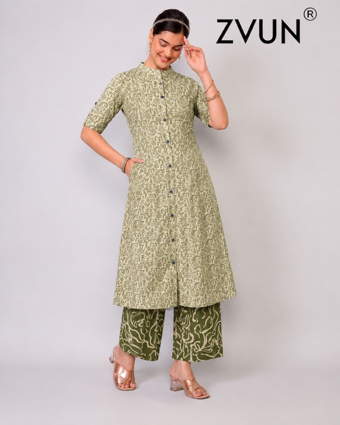 ZVUN Green A-Line Cotton kurta Set