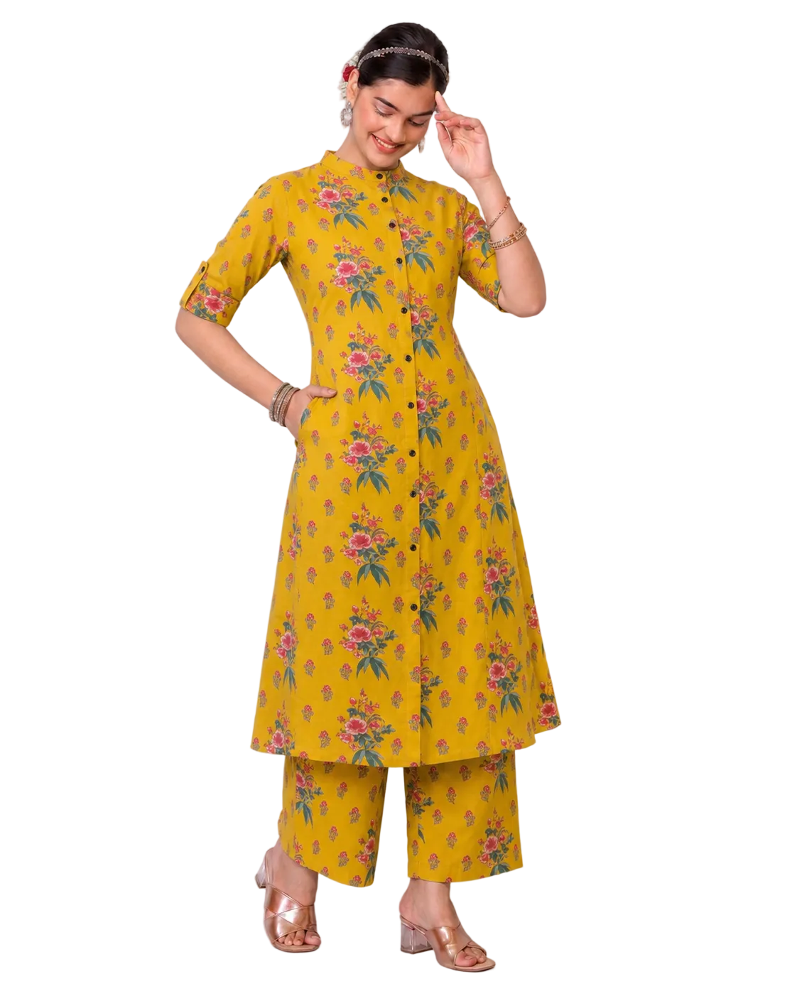 Aditi Mustard Yellow A-Line Cotton Kurta Set for women