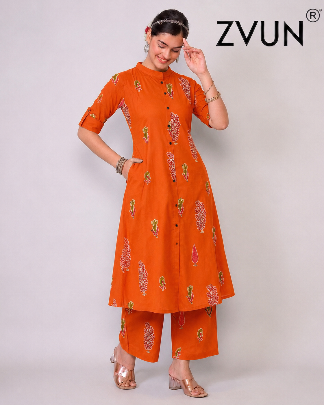 ZVUN orange A-Line Cotton kurta Set