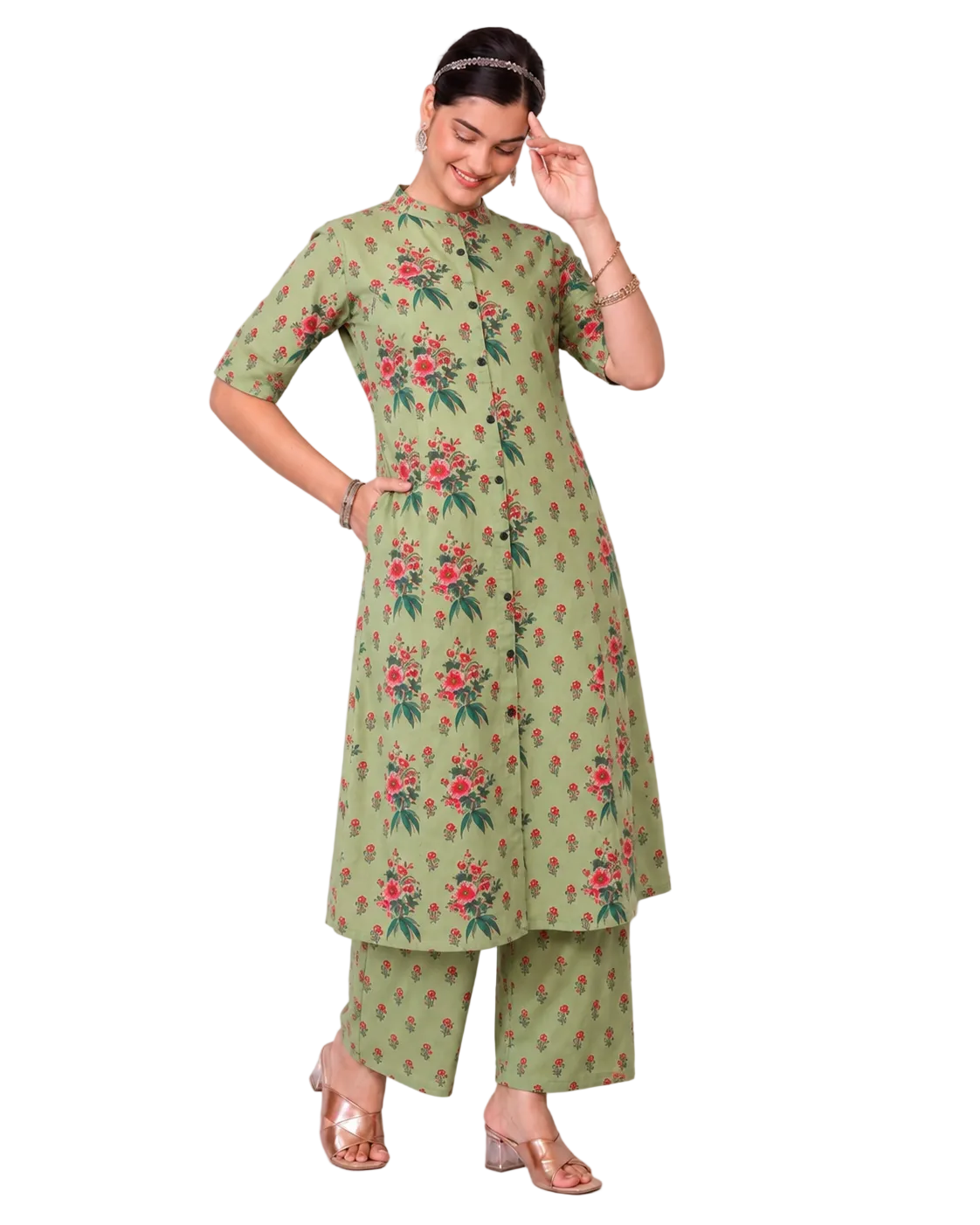 Anaya Olive Green A-Line Cotton Kurta Set for women