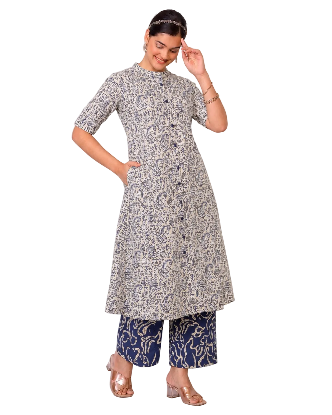 Tanirika Greyish-Blue A-Line Cotton Kurta Set for women