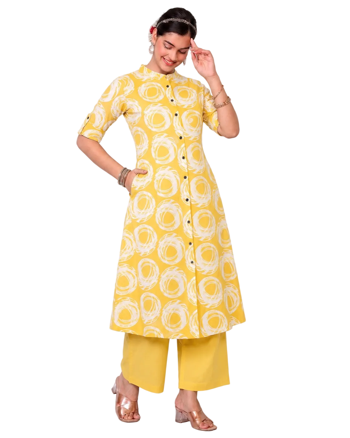 Vaidehi Bright Yellow A-Line Cotton Kurta Set for women