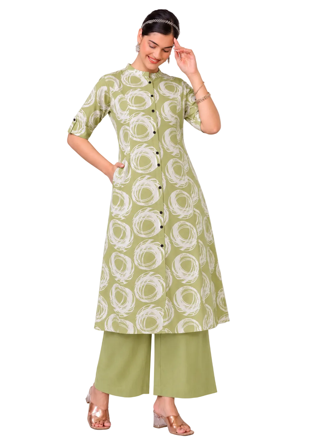 Avika Light Green A-Line Cotton Kurta Set for women