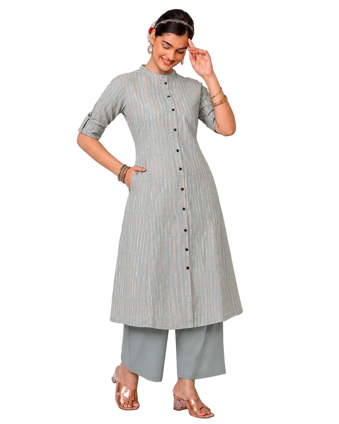 Aishani Cement Grey A-Line Cotton Kurta Set for women