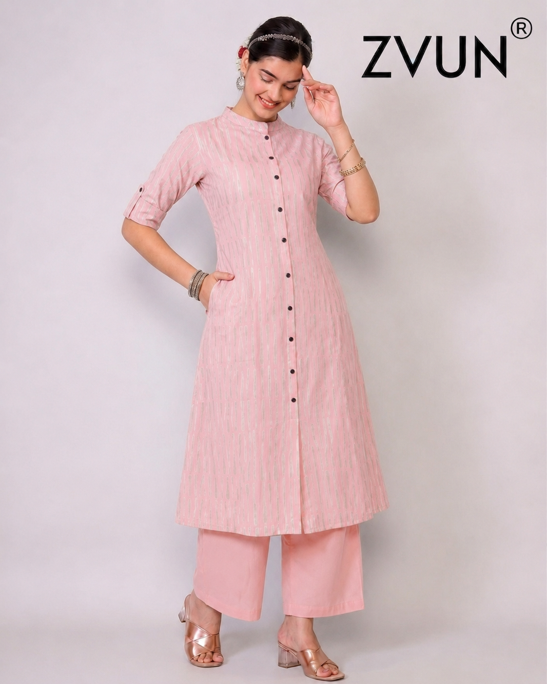 ZVUN light pink A-Line Cotton kurta Set