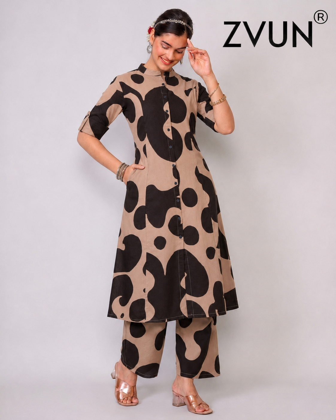 ZVUN soft beige A-Line Cotton kurta Set
