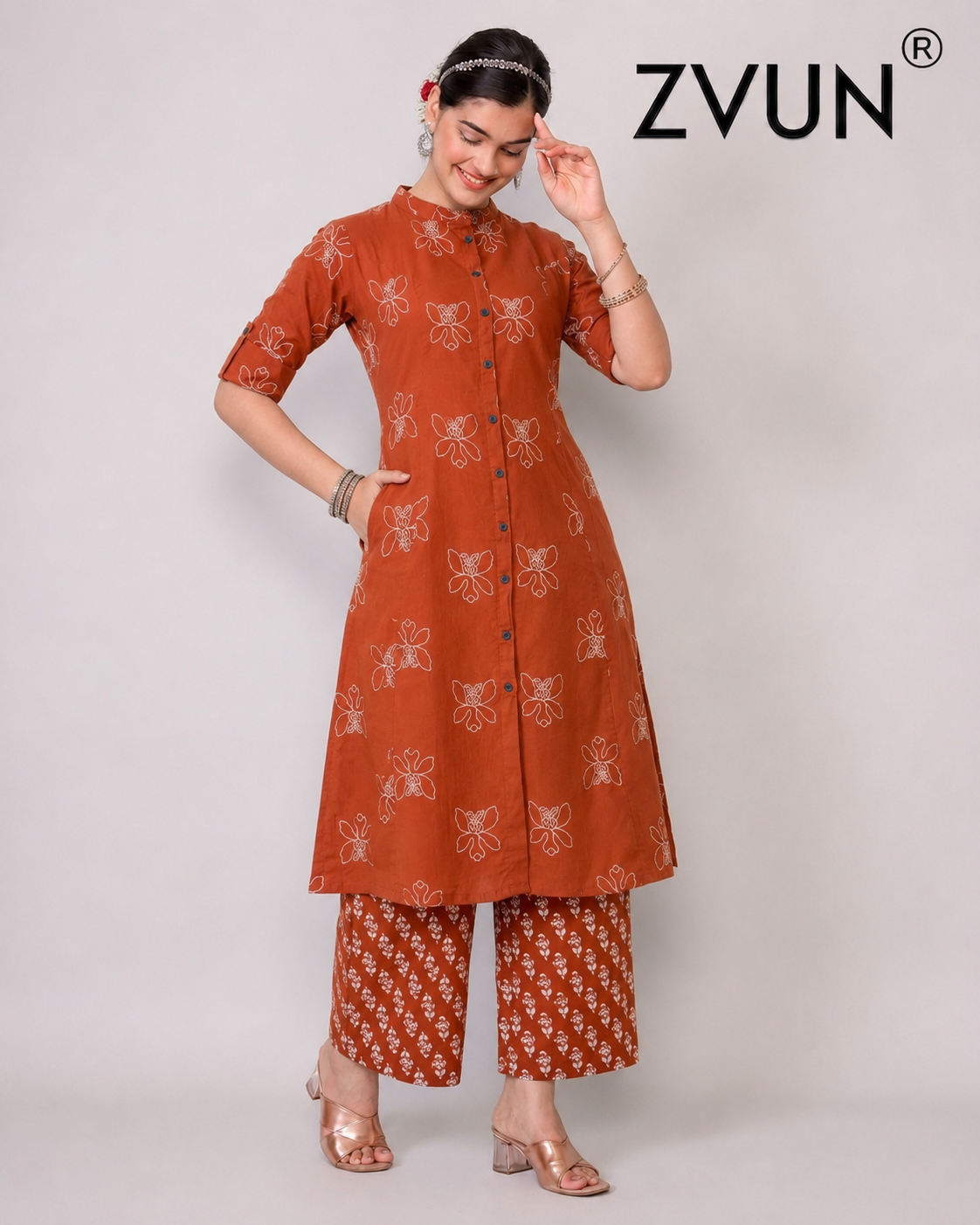 ZVUN rust orange A-Line Cotton kurta Set
