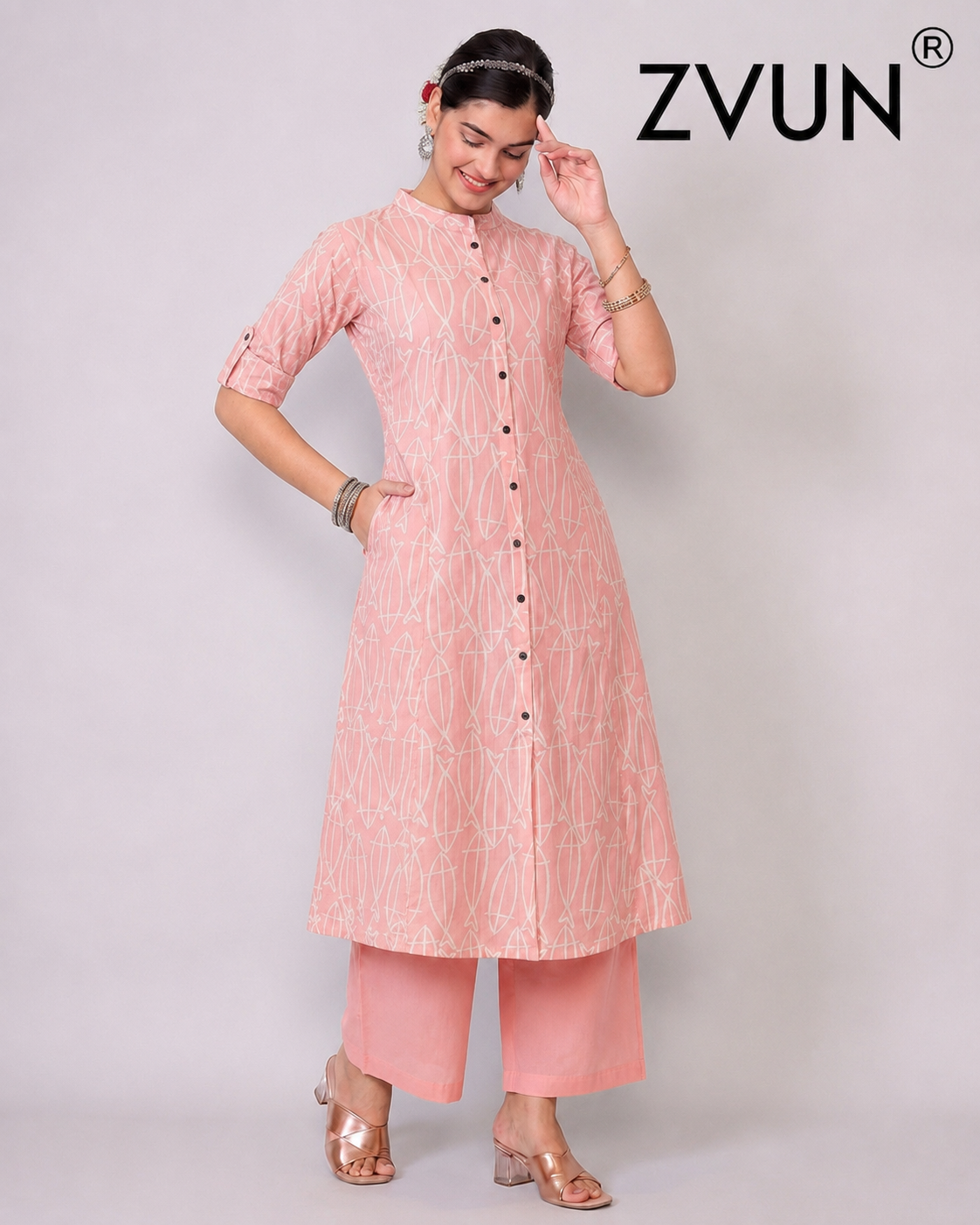 ZVUN light pink A-Line Cotton kurta Set