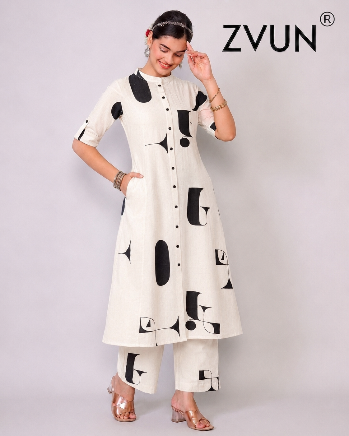 ZVUN white A-Line Cotton kurta Set