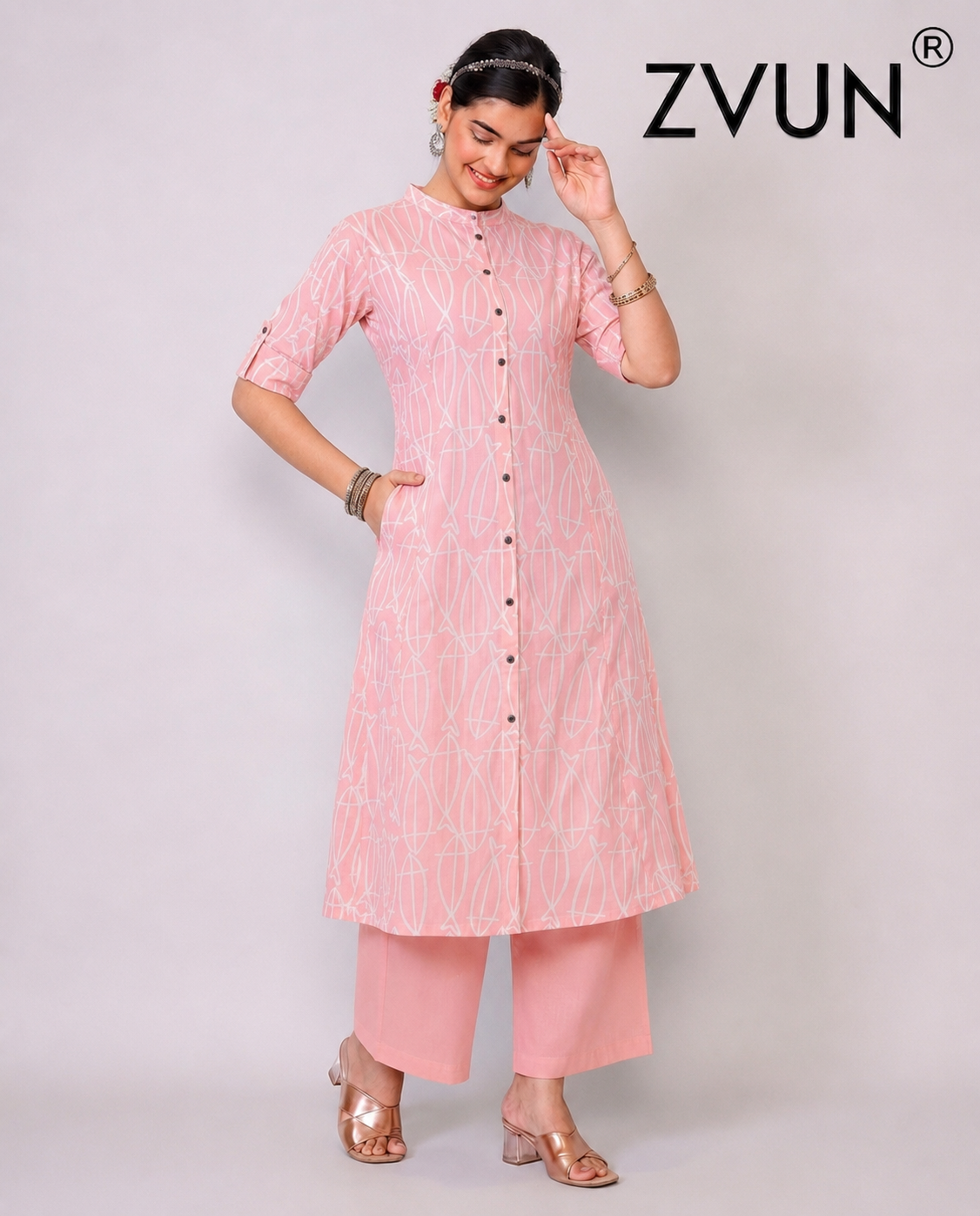 ZVUN baby pink A-Line Cotton kurta Set