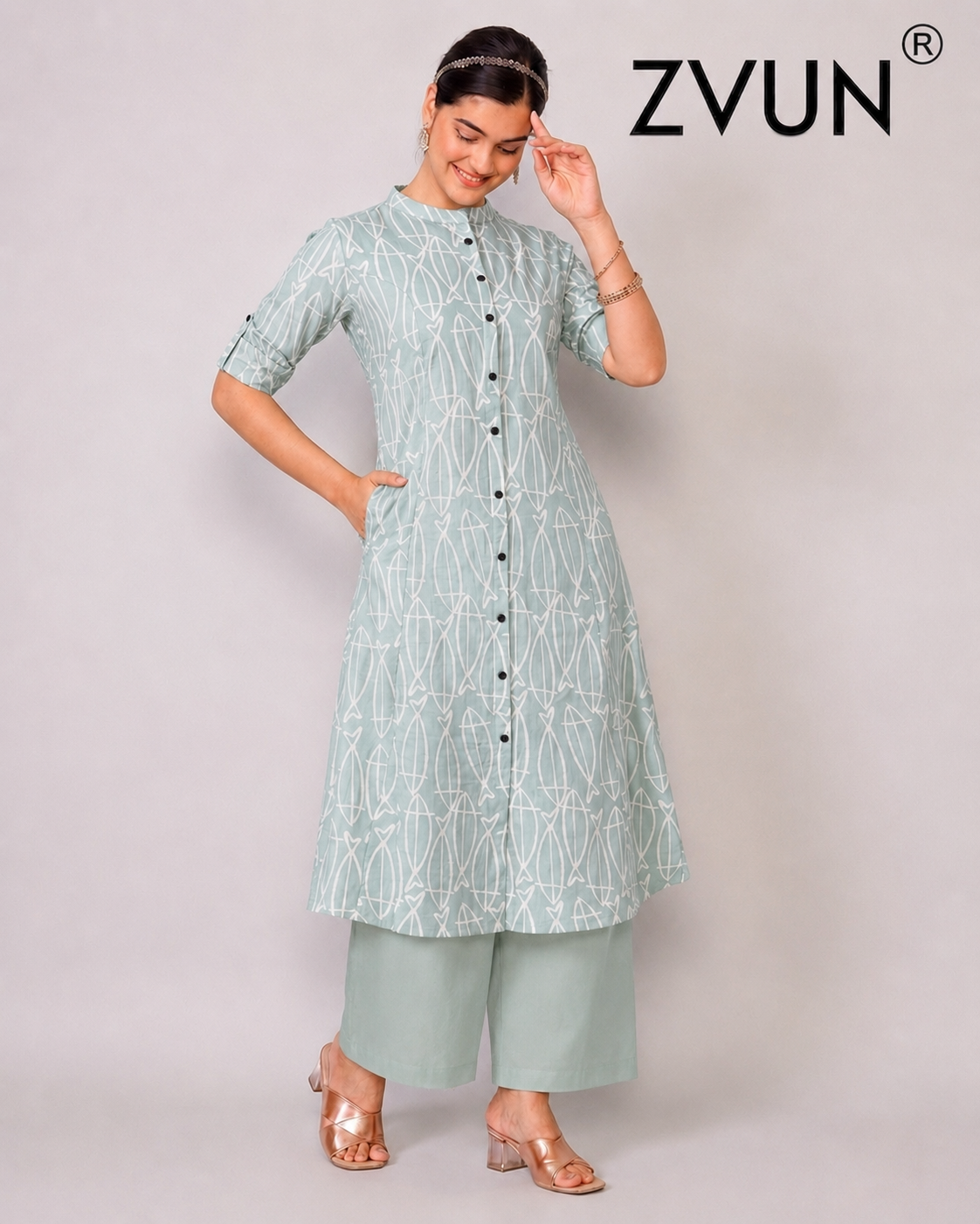 ZVUN light blue A-Line Cotton kurta Set