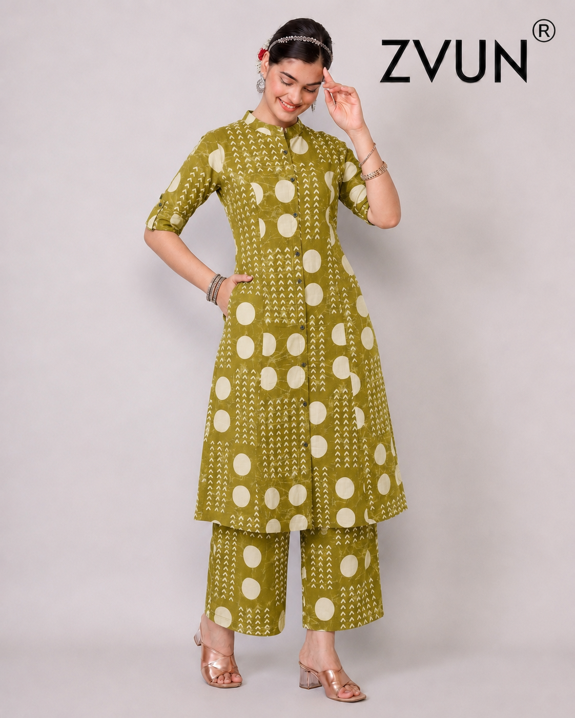 ZVUN Green A-Line Cotton kurta Set