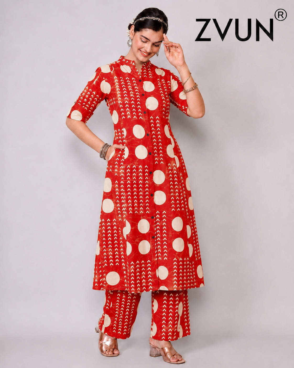 ZVUN bright red A-Line Cotton kurta Set