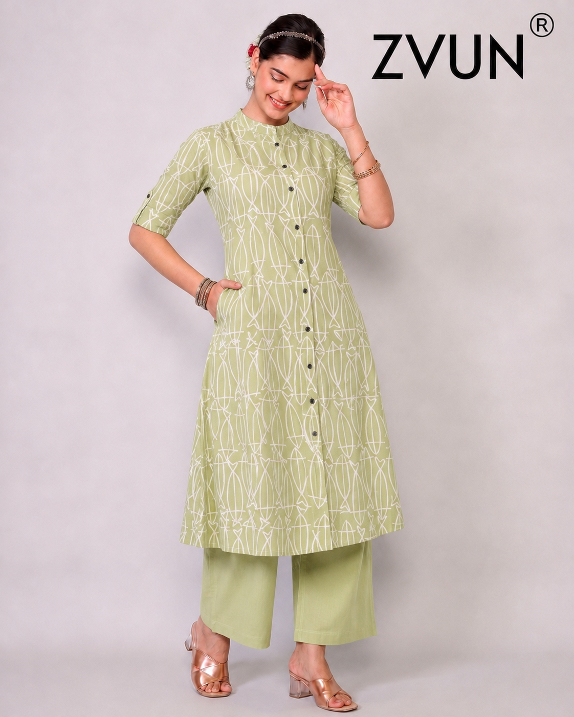 ZVUN light Green A-Line Cotton kurta Set