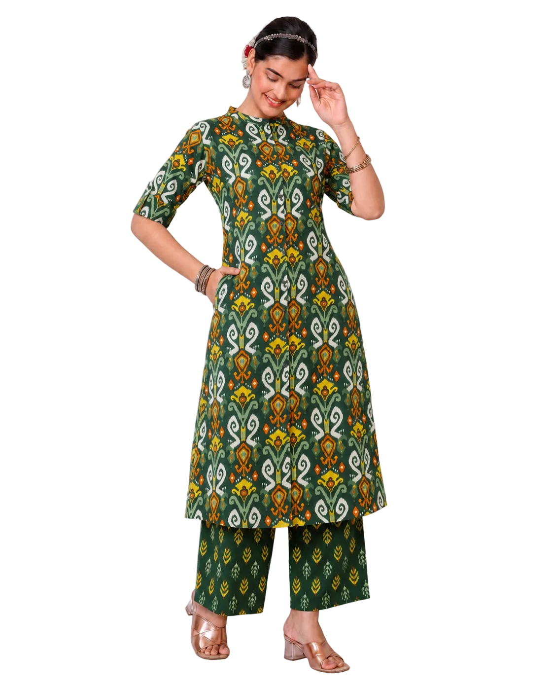 Nandini Green Multicolour A-Line Cotton Kurta Set for women