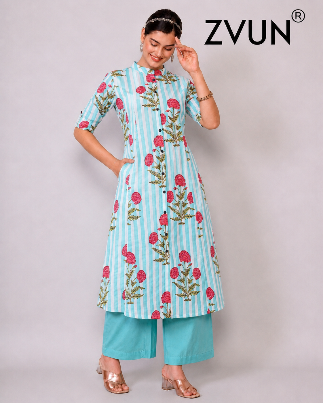 ZVUN mint blue A-Line Cotton kurta Set