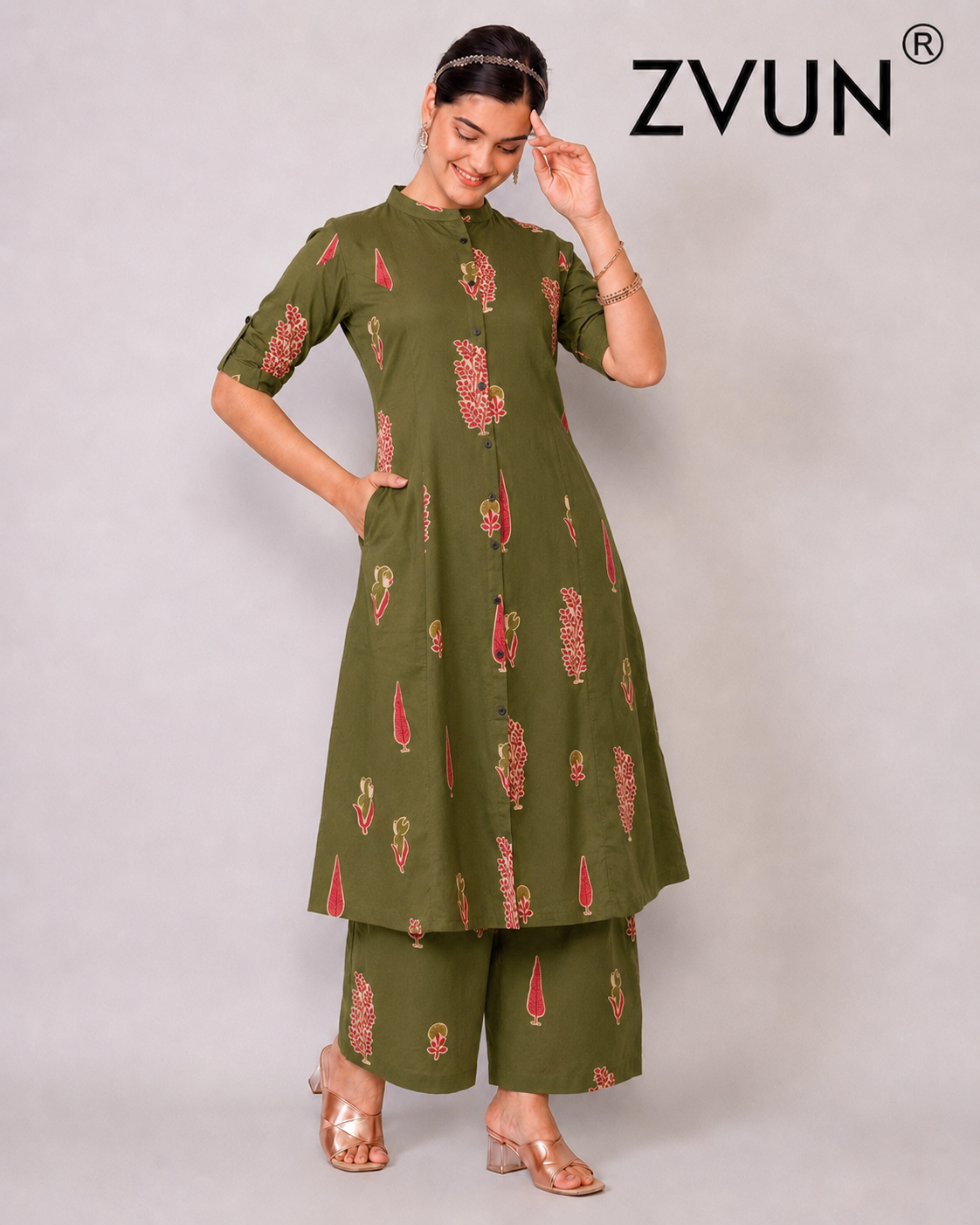 ZVUN Green A-Line Cotton kurta Set