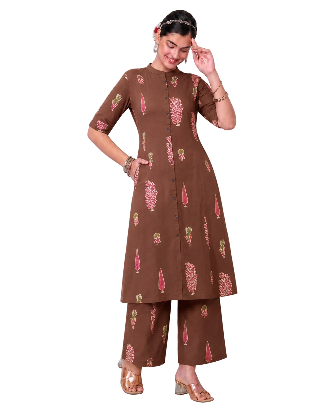 Yashika Coffee Brown A-Line Cotton Kurta Set for women