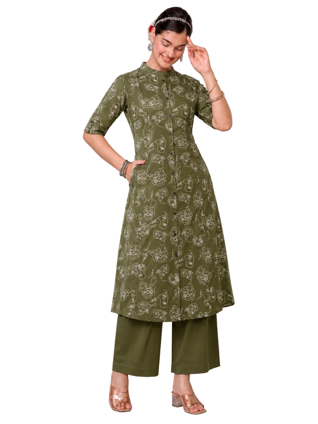 Mythili Bottle Green A-Line Cotton Kurta Set for women