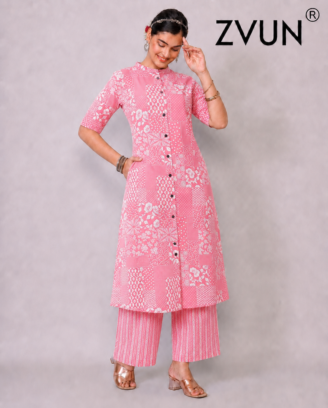 ZVUN light pink A-Line Cotton kurta Set
