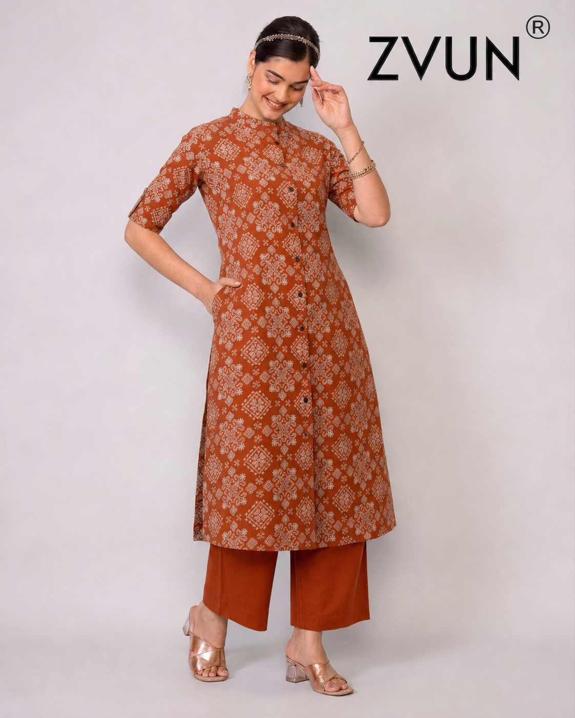 ZVUN orange  A-Line Cotton kurta Set